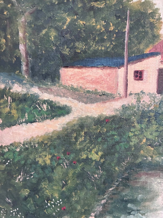 Image 1 of Peinture à l'huile originale vintage représentant un paysage, signée, œuvre d'art de ferme