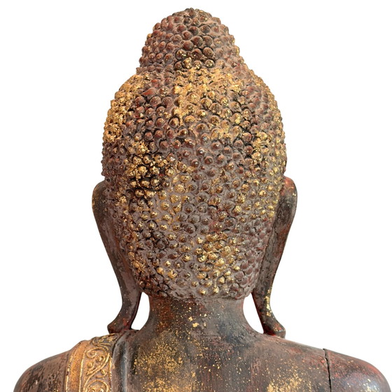 Antique Burmese Standing Buddha – Monumental Temple Statue in Teak Wood (166 cm) – Sculpture (photo 11 of 11)