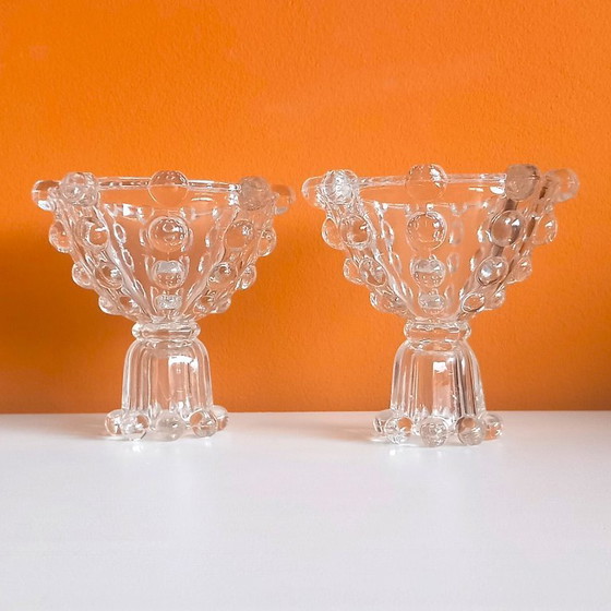 Image 1 of Vintage (1960-1970) Set van 2 Mid-Century glazen kandelaars – brutalistisch lensdesign – Tsjechisch persglas 