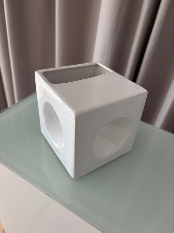 Vintage Minimalist Studio Pottery Cube Vase – White Ceramic (photo 12 of 14)