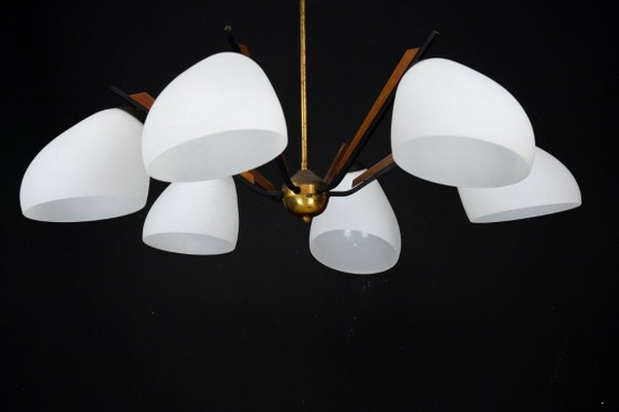 Image 1 of Italian Mid-Century six arms chandelier in the manner of Stilnovo. Italy 1950s.