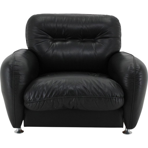 Sillón vintage de cuero negro, Italia, 1970