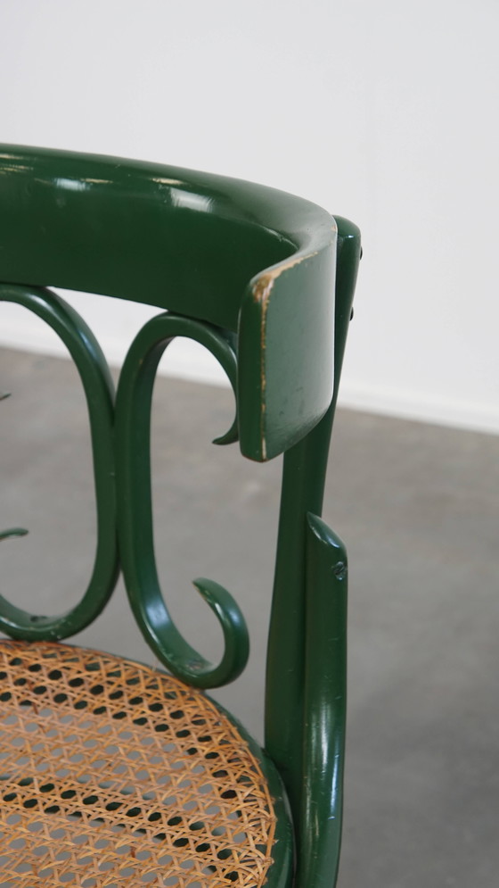 Image 1 of Groene Vintage Bistro Stoel Met Een Gematte Rieten Zitting