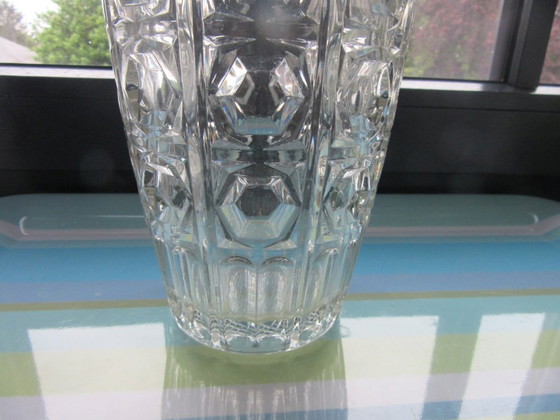 Image 1 of Large Tall Cubist Geometric Art Deco Style Cut Glass Vase  