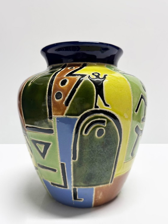 Glazed ceramic vase with African-inspired decoration, France, 1980s (photo 5 of 10)