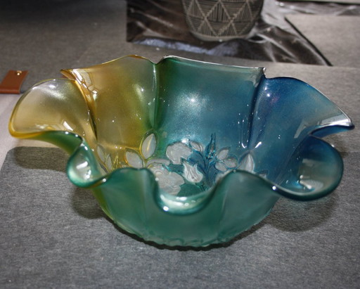 Vintage Walther glass bowl - 1970s - gradient blue-yellow with floral pattern - 27 cm