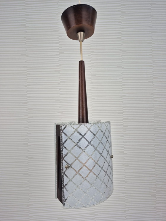 Mid-Century Pendant lamp in teak and embossed glass. Vintage lamp., Wood, Brown (photo 13 of 14)