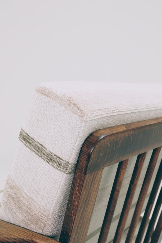 Image 1 of Vintage fauteuil naturel Lin beige wit gestreept houten frame 1965 mcm design