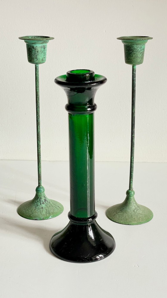Image 1 of Vintage Glass and Metal Candle Holders Green