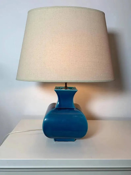 Vintage ceramic lamp Molin Charolles glazed turquoise blue - French 1970s, Table lamps, Porcelain (photo 6 of 8)