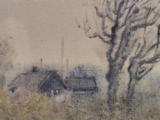 Vintage Signed French Countryside Watercolor | Rural Path & Bare Trees | JK, 1997