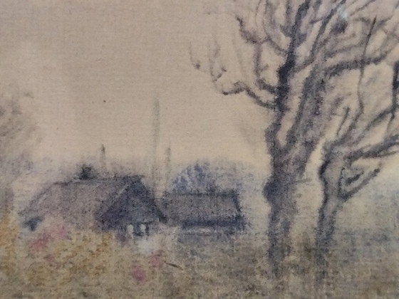 Image 1 of Acquerello vintage firmato di campagna francese | Sentiero rurale e alberi spogli | JK, 1997