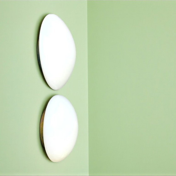 Image 1 of Pair of Art Deco style white opaline glass flush mount ceiling or wall lights 30 and 27cm