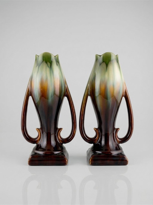 Par de jarrones Art Déco – Cerámica Thulin (atribuida) – Bélgica – Esmalte flameado – 29 cm