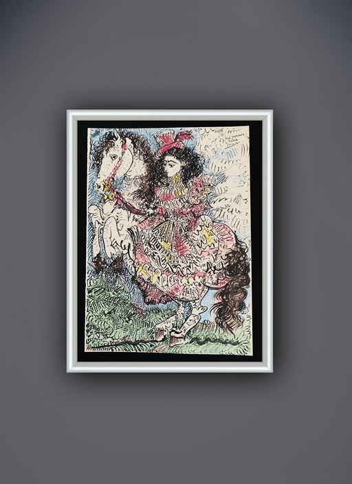 Pablo Picasso originele kleuren lithografie, Jacqueline op een paard. Gesigneerd en gedateerd in de plaat. 