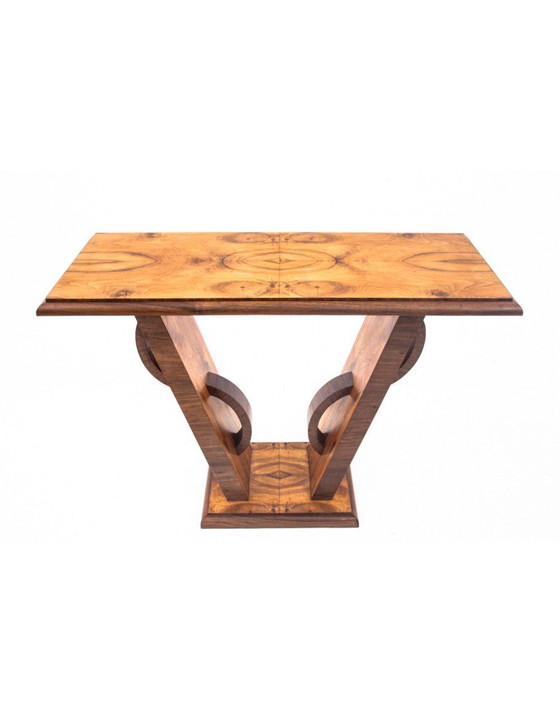 Image 1 of Art Deco walnut wooden console, Poland, 1940s.