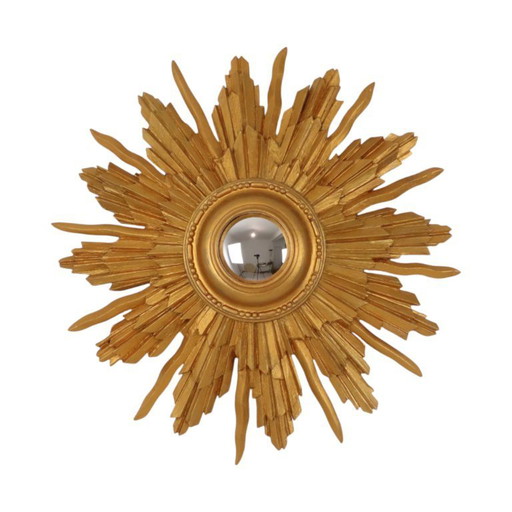 Vintage Houten Zonnespiegel Sunburst Convex Goud 46cm
