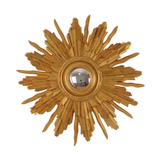 Image 1 of Vintage Houten Zonnespiegel Sunburst Convex Goud 46cm