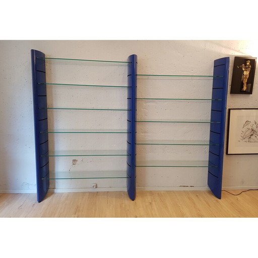 Bibliothèque murale vintage bleue "TGE" en métal laqué par Alain Chauvel, 1990
