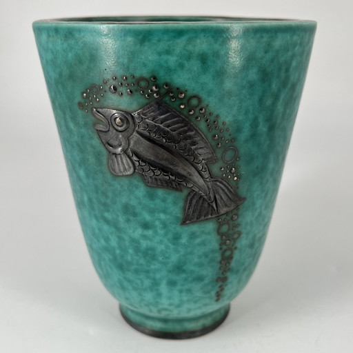 Gustavsberg “Argenta” vase (model 9780) – Wilhelm Kåge – Swedish Grace / Art Déco – vazen, Ceramic, Silver