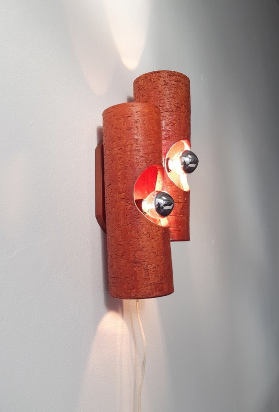 Image 1 of Keramieken vintage wandlamp met twee cilinders, chamotte klei, oranje brutalist aardewerken mcm lamp