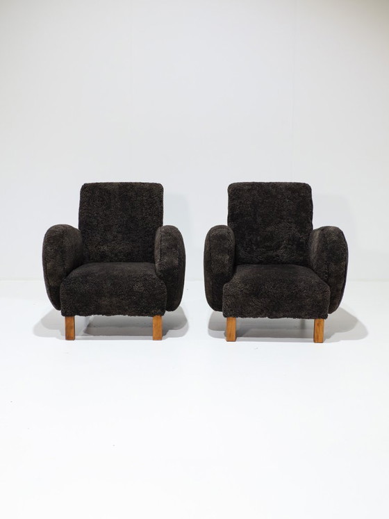 2 Danish 1940s Vintage Art Deco Armchairs, Sheep Wool (photo 4 of 13)