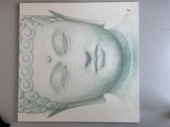 Image 1 of Tableau de Bouddha « White Haven » de 5 Friends, 100x100 cm, peint à la main et signé