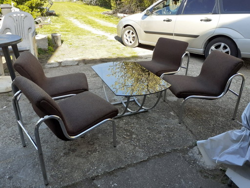 Hongaarse Verchroomde Metalen Tafel en Eetkamerstoelen Set, Jaren 60, Set van 5