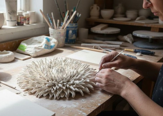 Image 1 of Muurdecoratie, sculptuur, bloemdecoratie, klei, dahlia, organisch bloemenmotief, statement voor je interieur