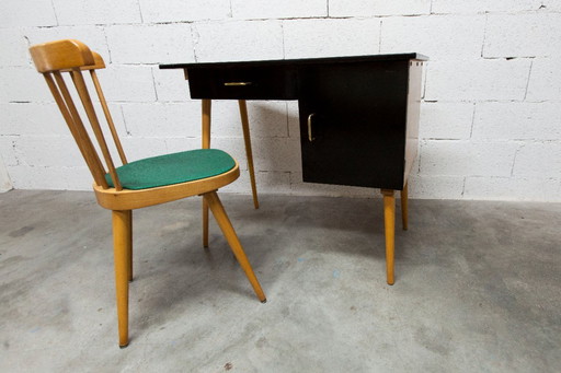 Baumann Schreibtisch und Stuhl, 1960er Jahre, Formica, Holz und Schwarz, grüner Sitz