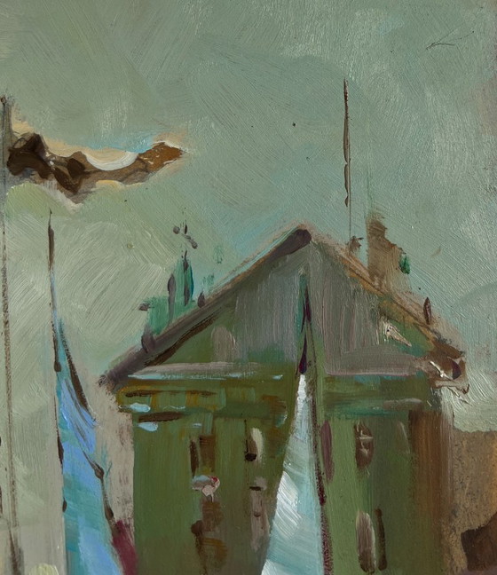 Image 1 of Original Oil Painting Coastal City Landscape A quiet harbor near Venice