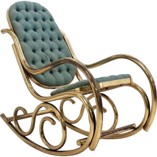 Sedia a dondolo vintage in ottone satinato e imbottita di Thonet, 1940