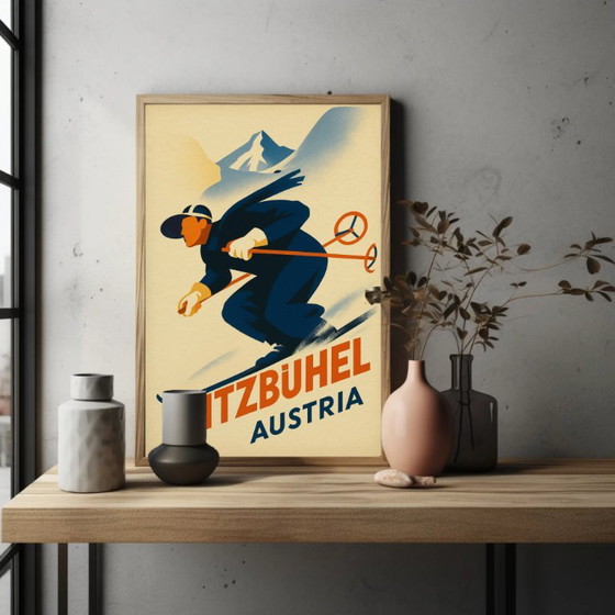 Kitzbühel Austria Skier Poster, Paper, Beige, Vintage (photo 2 of 6)
