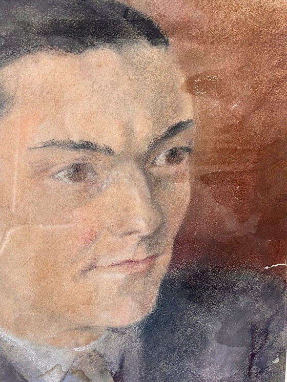 Image 1 of Pastel portrait of a man under glass, signed, early 20th century