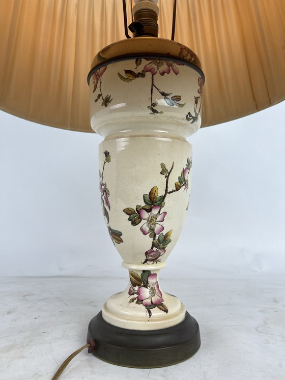 Vintage table lamp with floral motif 20th century, Ceramic, Textile, Beige (photo 3 of 5)