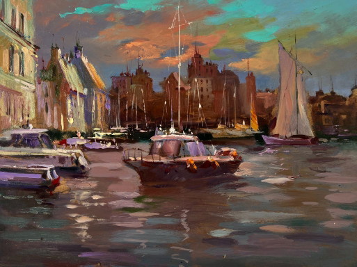 Original Oil Painting Urban Landscape Architecture Port City Sailboats – schilderijen tekeningen, Mdf