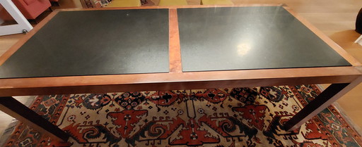 Large Wooden Dining Table With 2 Granite Tops Inlaid