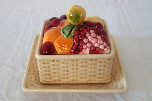 Antike, quadratische Bonboniere/Obstkorb aus Sarreguemines-Keramik.