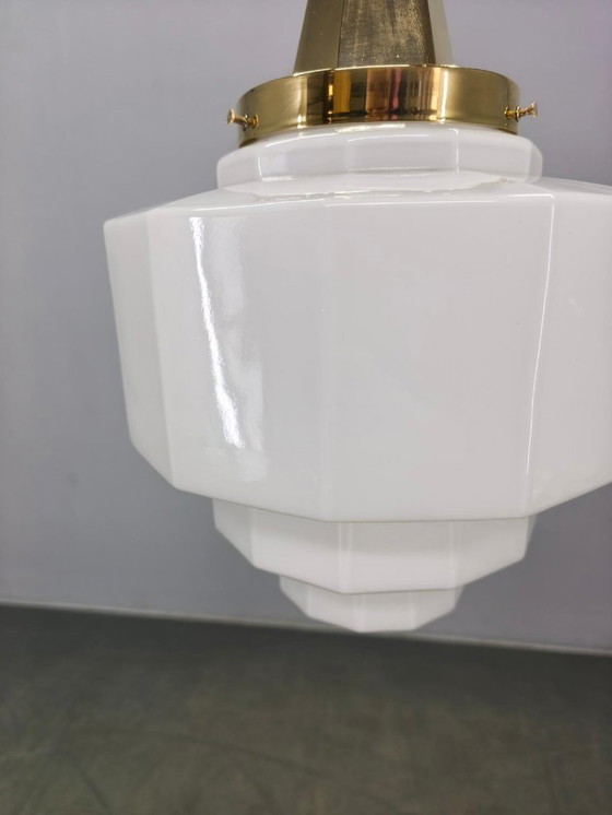 Image 1 of Art Deco Brass Pendant with Geometric Opaline Glass, Czechoslovakia 1930s