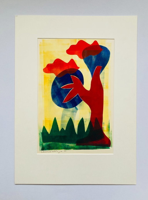 Vintage-Linolschnitt – Abstrakte Landschaft – 1980er Jahre