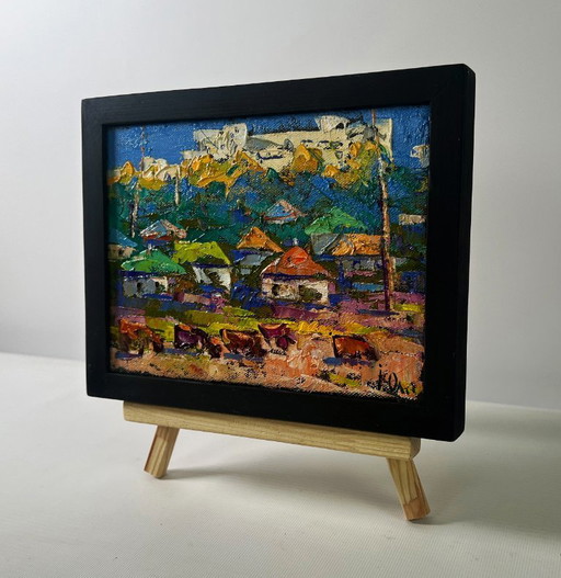 Original Oil Painting Day Village Landscape Spring silence above the pond