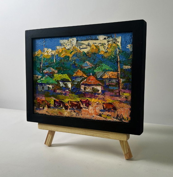 Image 1 of Original Oil Painting Day Village Landscape Spring silence above the pond