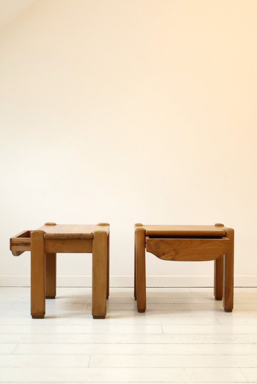 Two elm bedside tables Maison Regain France 1970s.