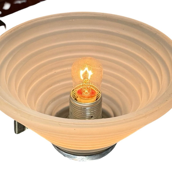 Image 1 of Lampadario Art Déco - Ca. 1930, Cecoslovacchia - Vetro satinato, impiallacciatura in noce e struttura in metallo cromato - 4 lam