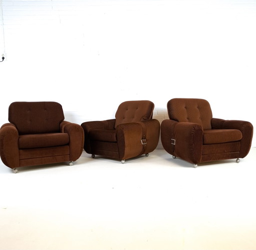 3 poltrone reclinabili vintage in velluto a coste marrone, anni '70 – fauteuils, Textile