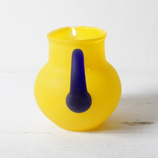 Small Vintage Frosted Glass Yellow and Blue Pitcher for Milk or Juice / Kosta Boda / Sweden / 1990s