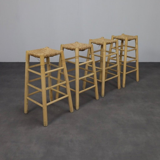 Ensemble de 4 tabourets de bar en bois et canne, 1970