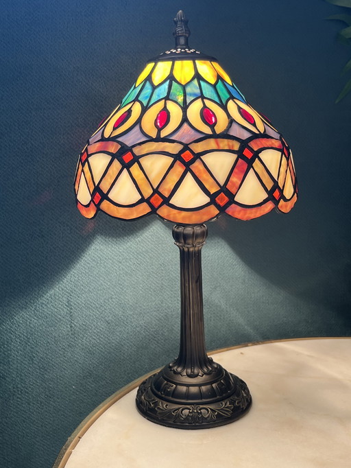 Stained Glass Tiffany 1920s Style Table Lamps Peacock Motif