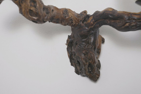 Image 1 of  Vintage Driftwood Wall Lamp Double Opaline Globe Sconce Vine Root Light Fixture Organic Brutalist Lighting Handmade Wall Light 