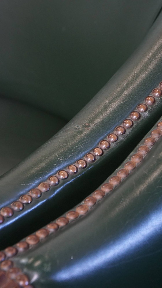 Image 1 of 2 x Beistell-/Ess-/Bürostuhl aus grünem Rindsleder und Holz im englischen Stil